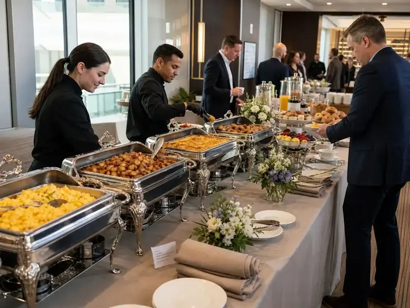 Oakland Catering Company attendants managing an elegant office breakfast buffet as business guests select their meals.