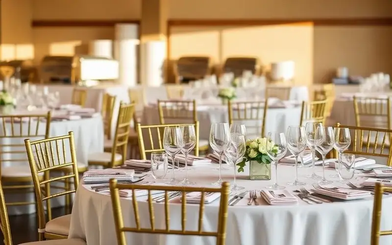 Oakland Catering Company dining room featuring formal table settings, wine glasses, folded napkins, and gold reception seating.