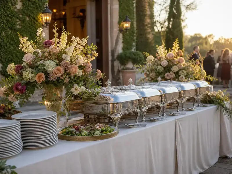 Oakland Catering Company reception buffet framed by dramatic floral centerpieces and gleaming covered serving dishes.