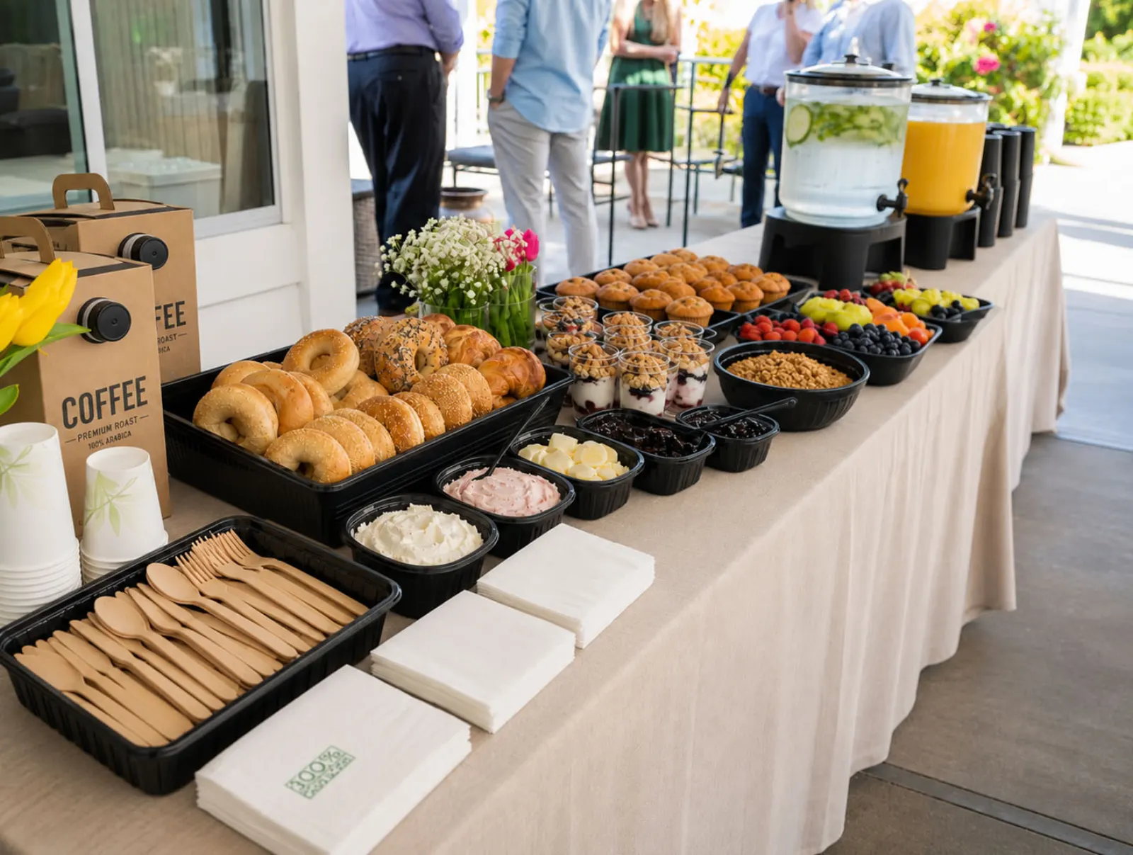 Continental breakfast spread with pastries, fresh fruit and coffee service delivered to an Oakland office by Oakland Catering Company