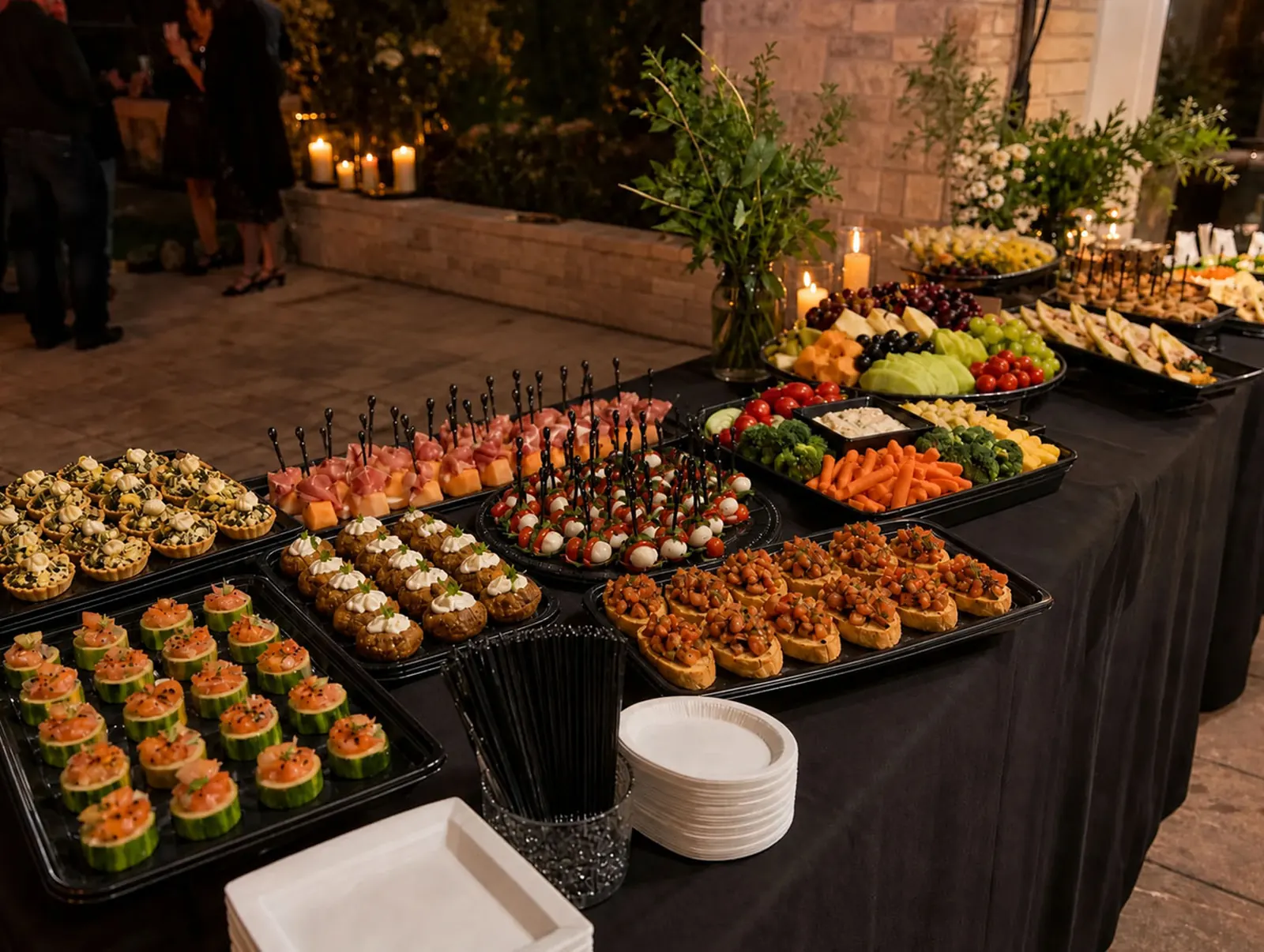 Drop-Off Appetizer Station Elegant evening drop-off appetizer station with caprese skewers, prosciutto and melon, bruschetta, stuffed mushrooms, smoked salmon cucumber cups, artichoke tartlets, crudité, fresh fruit and cheese trays, and candlelit florals by Oakland Catering Company