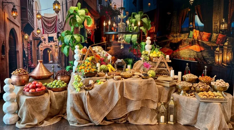 Themed appetizer display with lanterns, jeweled linens and mezze platters at an Oakland evening reception by Oakland Catering Company