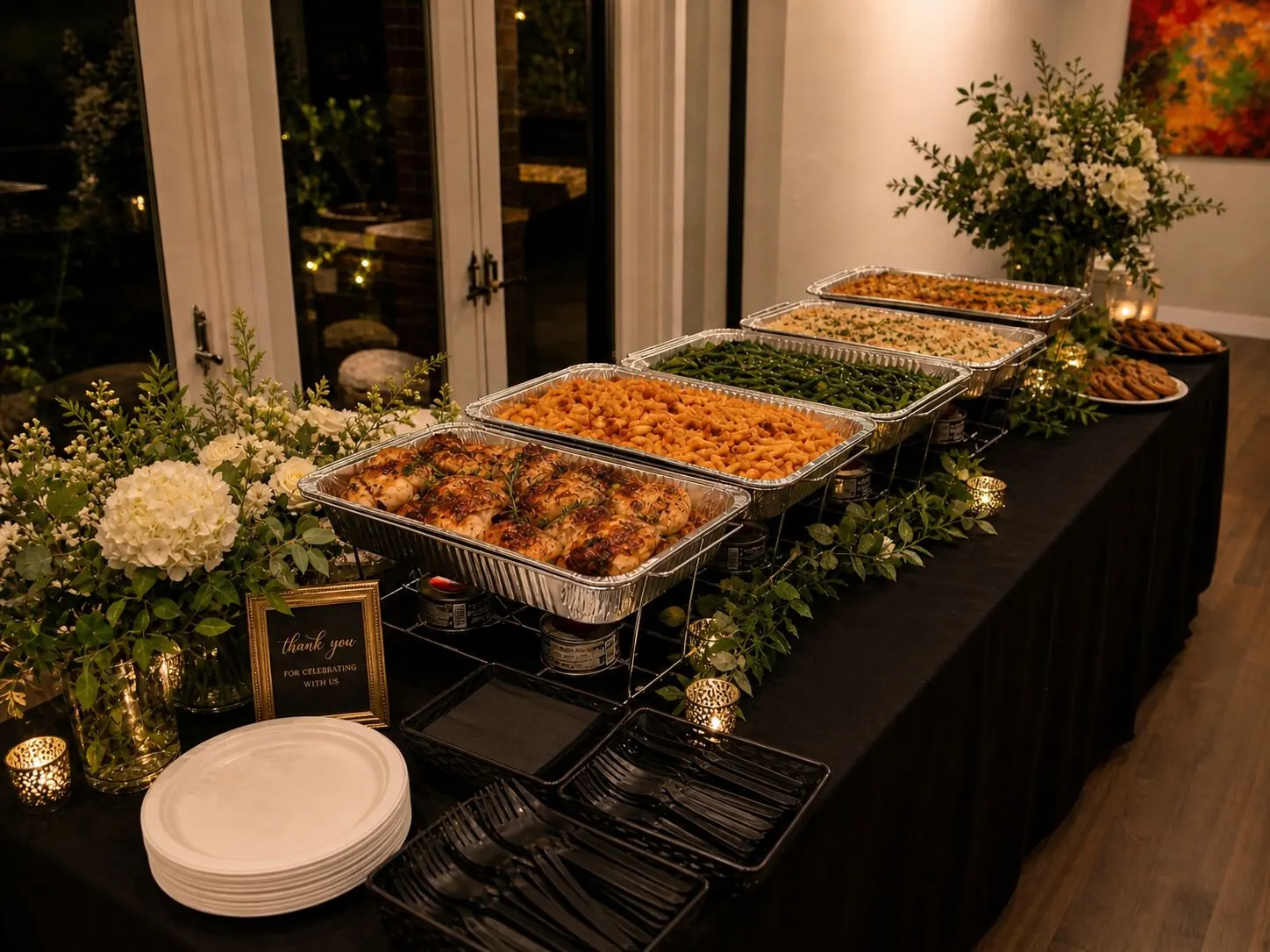 Delivered supper of roast chicken, baked pasta, green beans and rice finished with candlelight and small arrangements — floral upgrades for Oakland catering deliveries
