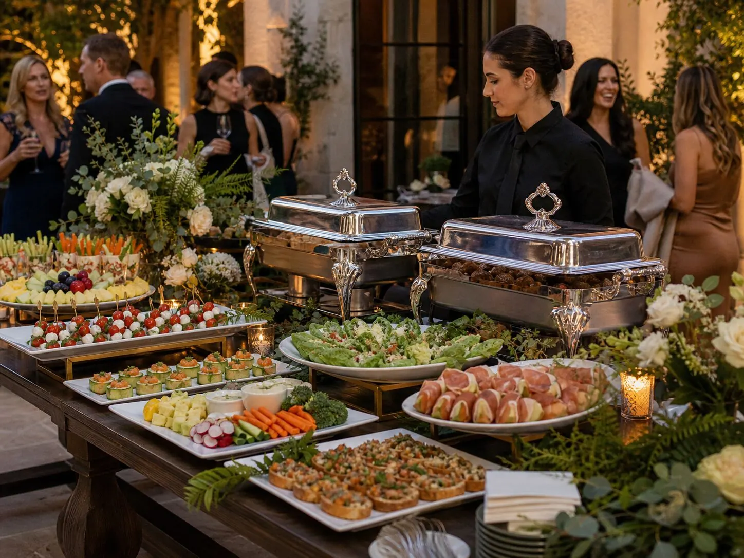 Attended hors d'oeuvres station framed with fresh blooms beside warm chafers on a garden terrace — floral appetizer styling for Oakland catering