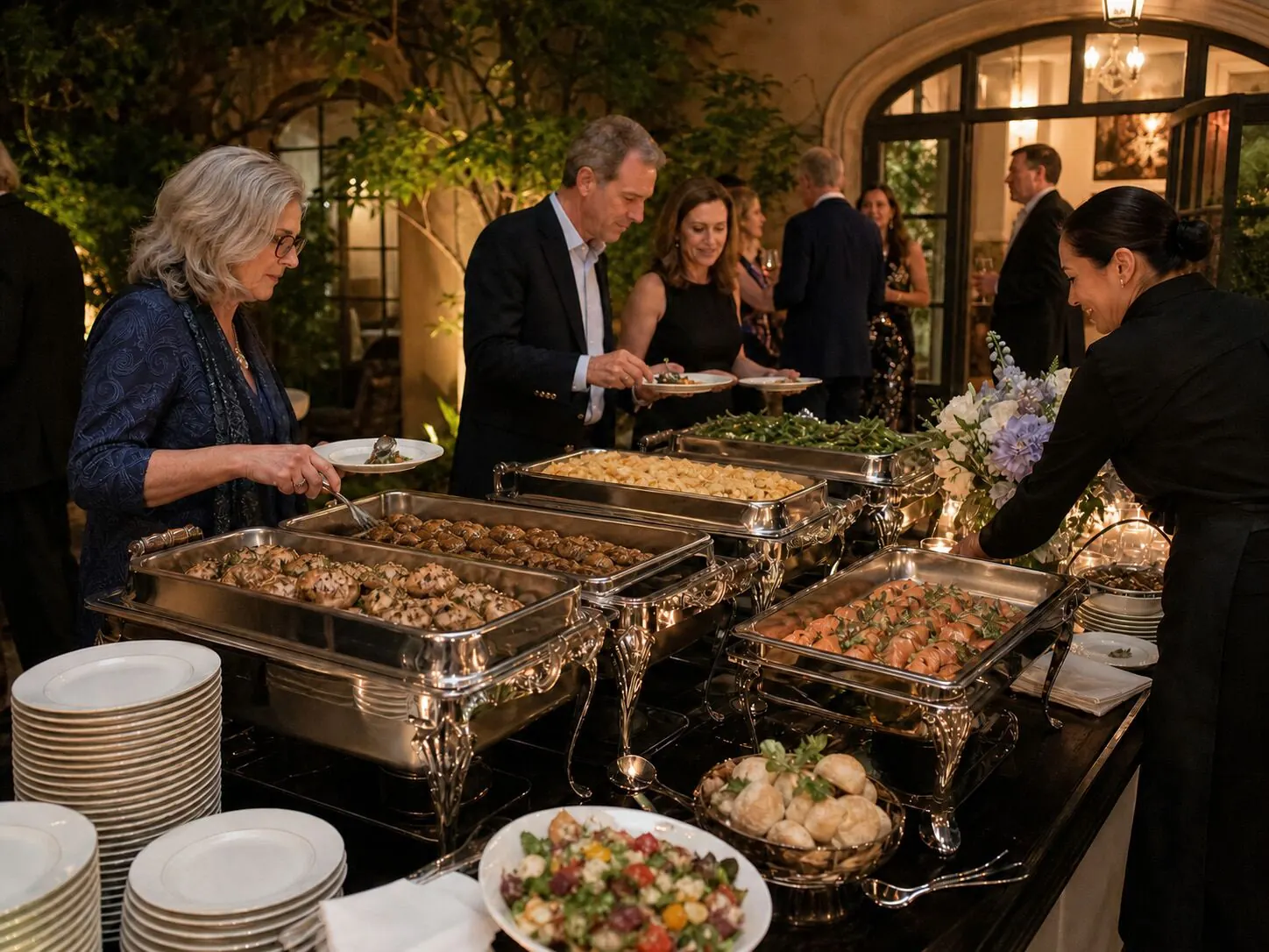 Staffed full-service dinner service with carved entrees and plated sides at an East Bay venue by Oakland Catering Company