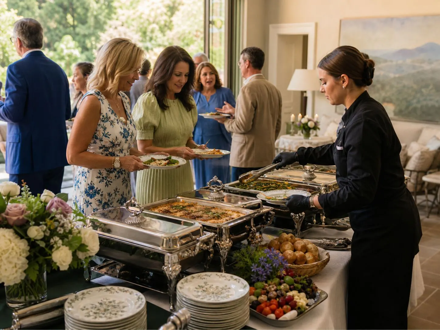 Attendant portioning entrées from silver chafers for a lunch line inside a sunlit estate — staffed midday service for Oakland and Piedmont catering