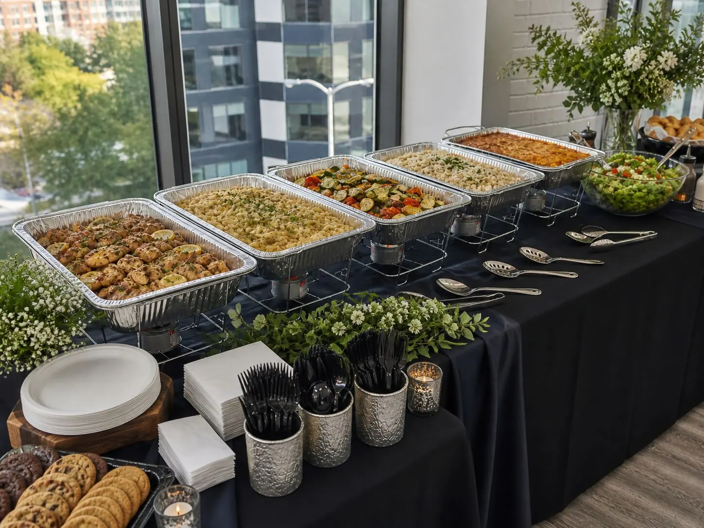 Midday buffet held hot in chafers with sauced pasta, blistered roast vegetables, seasoned potatoes, chopped greens and a sweets tray — hot lunch delivery for Alameda catering and Oakland workplaces