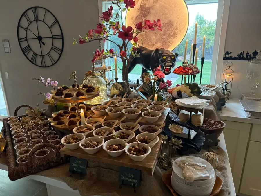 Mediterranean buffet with hummus, marinated vegetables, skewers and warm pita served at an East Bay corporate event by Oakland Catering Company
