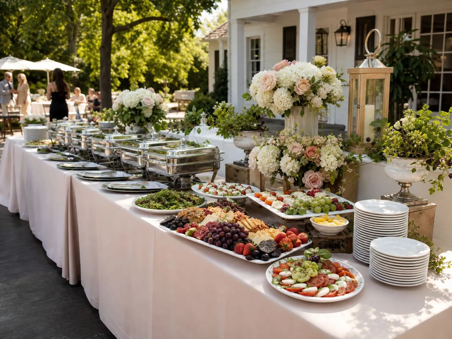 Outdoor buffet line with chafing dishes and floral accents set up for an Oakland backyard celebration by Oakland Catering Company